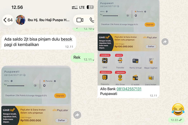 Tangkapan layar pesan WhatsApp mengatasnamakan Wakil Bupati Luwu Timur meminta pinjaman uang