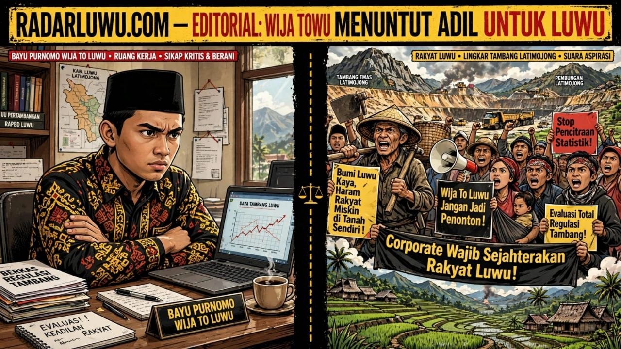 Ilustrasi editorial kemiskinan Luwu dan tambang Latimojong