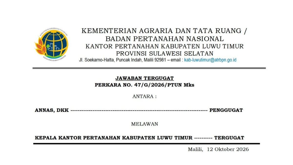 Jawaban Tergugat BPN Perkara 47/G/2026/PTUN Mks