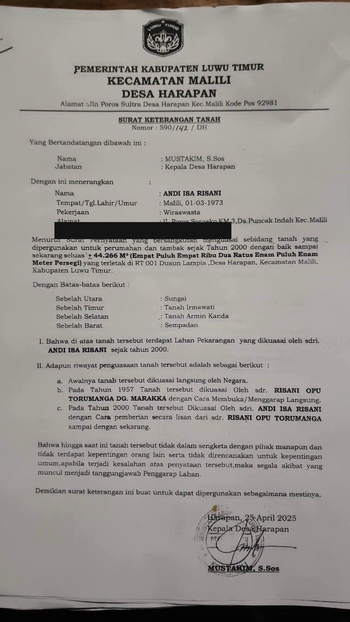 Surat Keterangan Tanah Nomor 590/142/DH Desa Harapan